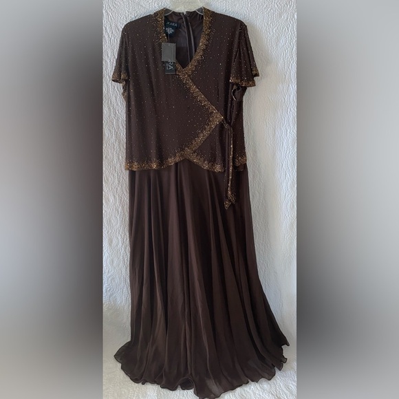 Jkara Beaded Bodice V-Neck Short Sleeve Faux Wrap Gown - Picture 1 of 12